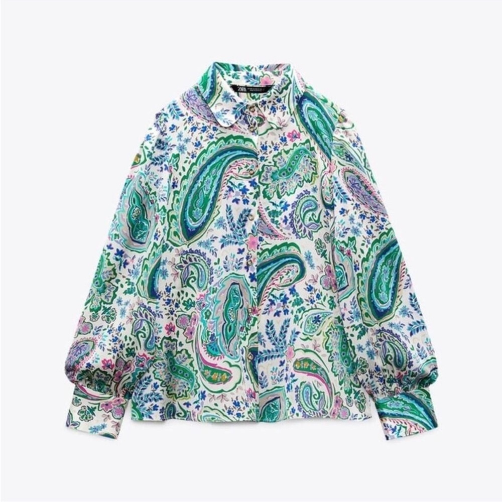 ZARA Paisley Print Satin Blouse Sz M Green Pink Boho Button Front